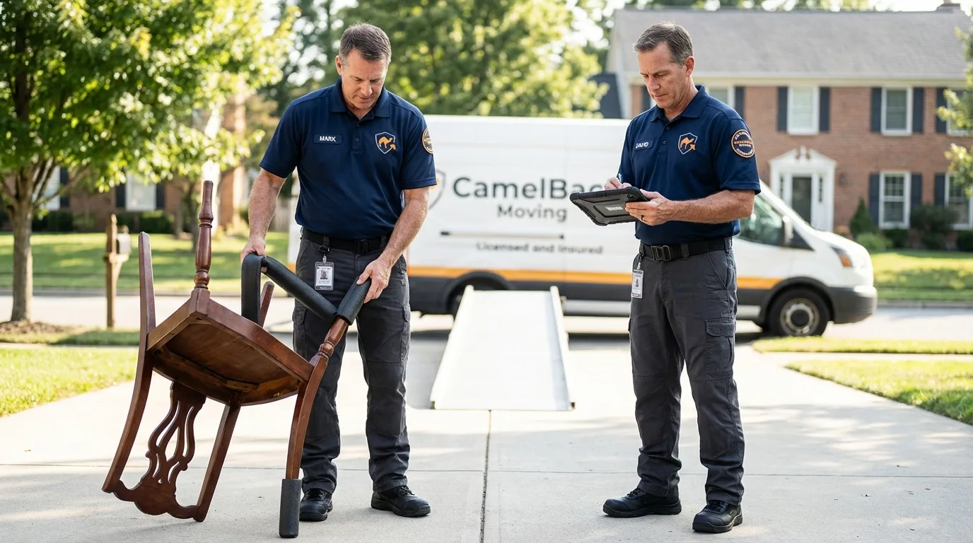 Movers inspecting furniture for damage prevention before loading in Blacksburg, SC
